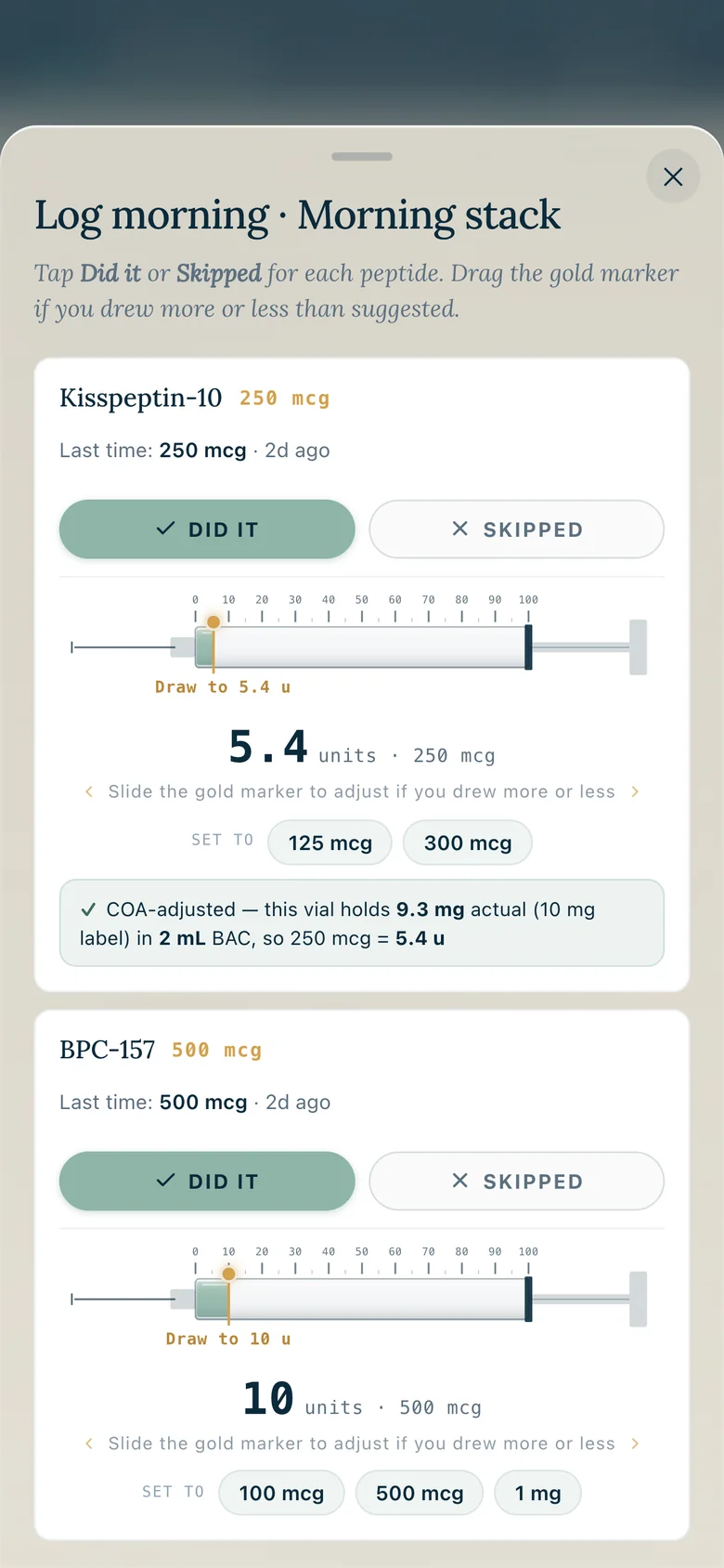 The exact draw computed from your vial's lab-tested mg
